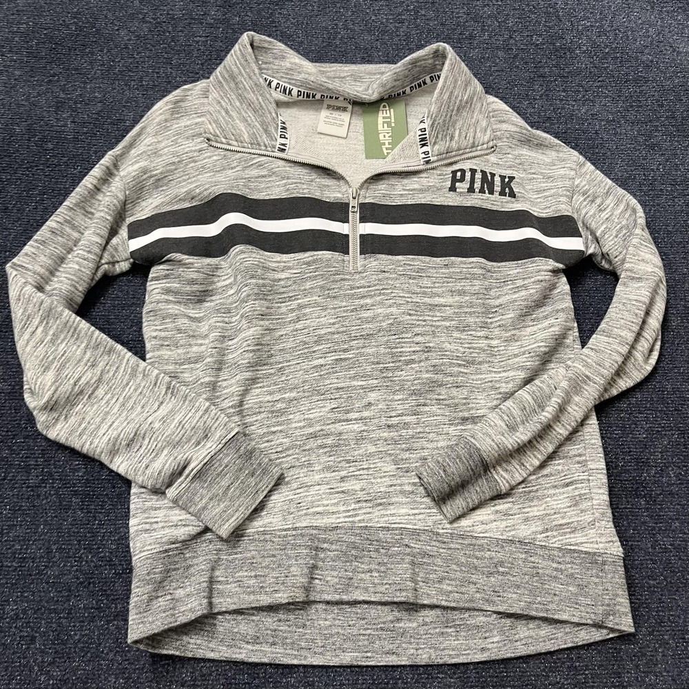 PINK Victoria's Secret Sweatshirt Womens XS Gray Quarter Zip Pullover Striped